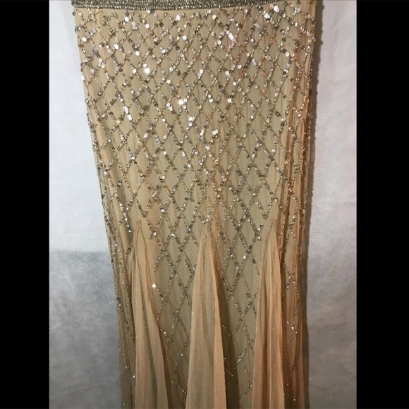 $328 Adrianna‎ Papell Cap Sleeve Beaded Mesh Gown Champagne [Petite 2P ]